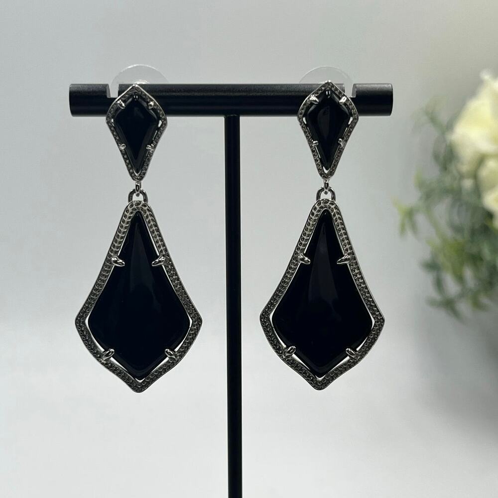 Kendra Scott Alexa Opaque Black Silver Plated‎ Double Drop Pierced Earrings